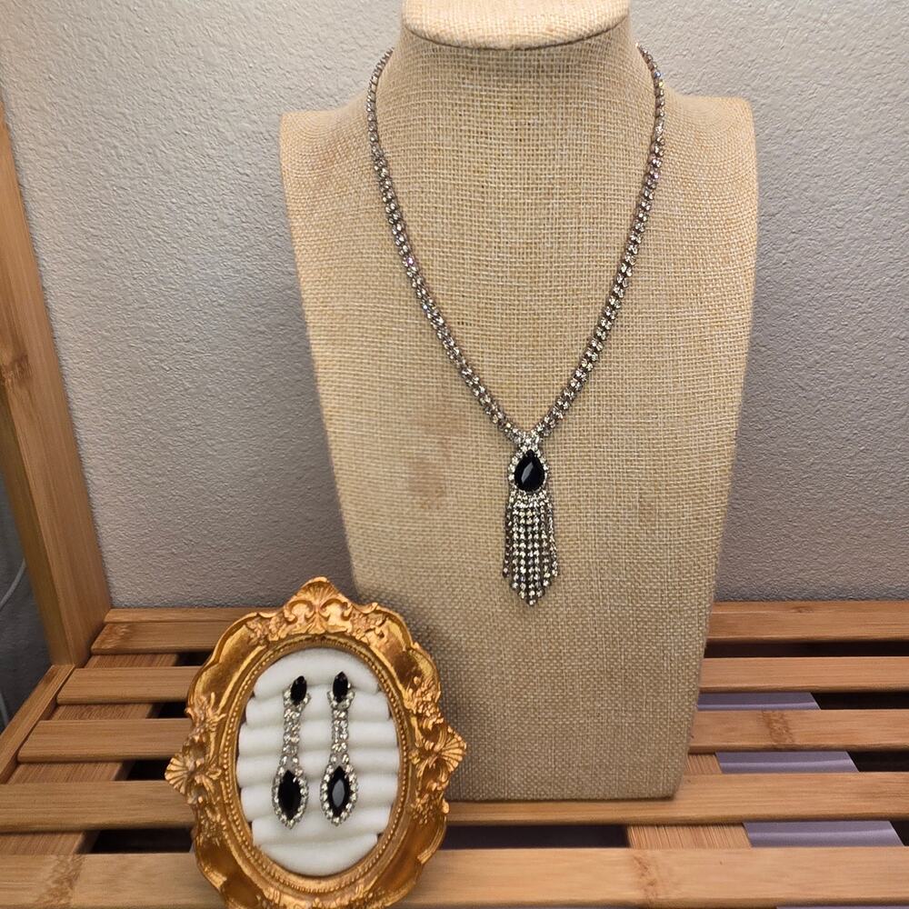 Vintage Black & Clear Rhinestone Teardrop Fringe Necklace Matching Earrings Set